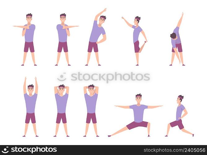 Stretching exercises. Workout physical movements for flexibility muscles sport stretching poses exact vector pictures in flat style. Exercise body fitness, physical workout illustration. Stretching exercises. Workout physical movements for flexibility muscles sport stretching poses exact vector pictures in flat style