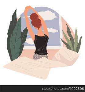 Stretching female character sitting on bed looking outside window. Girl wearing pajama surrounded by flowers and plants with wide and long leaves. Comfortable apartment. Vector in flat style. Woman waking up in morning, stretching female