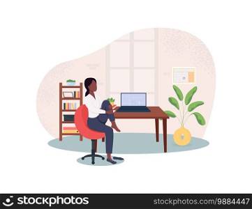 Stretching in chair at workplace 2D vector web banner, poster. African american female employee flat characters on cartoon background. Workout at workplace printable patch, colorful web element. Stretching in chair at workplace 2D vector web banner, poster