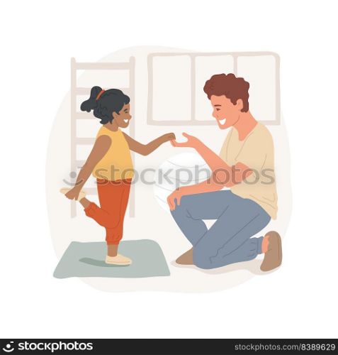 Stretching isolated cartoon vector illustration. Child doing simple stretching, yoga lesson for kids, physical exercise, motor activity, autism daycare center, rehabilitation vector cartoon.. Stretching isolated cartoon vector illustration.