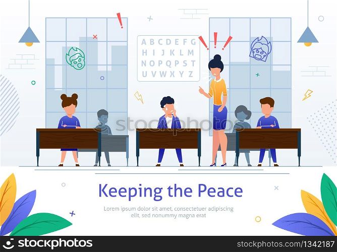 Strict, Angry Female Teacher Scolding on Pupil Boy in School Classroom Cartoon Vector Illustration. Naughty Children Bad Behavior, Nervous and Annoyed Teacher, Punishment in School Banner.. Strict Angry Female Teacher Scolding on Pupil Boy.