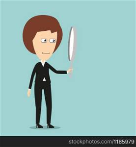Strict business woman with magnifying glass, for inspection or search concept. Cartoon flat style . Business woman with magnifying glass