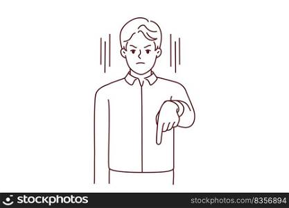 Strict businessman point with finger down. Furious decisive male employee show downward make order to employee. Vector illustration. . Strict businessman point with finger