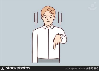 Strict businessman point with finger down. Furious decisive male employee show downward make order to employee. Vector illustration. . Strict businessman point with finger