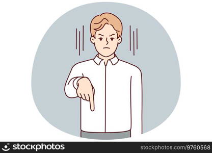 Strict businessman point with finger down. Furious decisive male employee show downward make order to employee. Vector illustration.. Strict businessman point with finger
