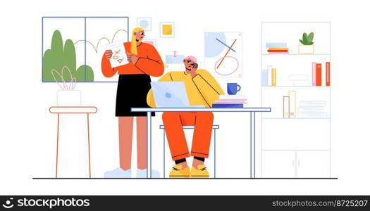 Strict female boss criticizing male employee for mistakes at work. Upset man sitting at desk in office, angry woman showing errors in document. Stressful job. Business ethics. Flat vector illustration. Female boss criticizing employee for mistakes