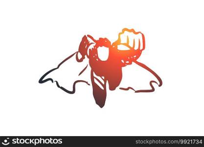 Strike, hand, fist, protest, superman concept. Hand drawn superhero in coat flying concept sketch. Isolated vector illustration.. Strike, hand, fist, protest, superhero concept. Hand drawn isolated vector.