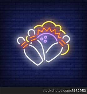Strike neon sign with bowls and ball. Night bright advertisement. Vector illustration for bowling club, sport bar