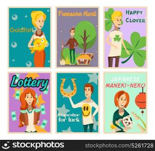 Strike Of Luck Posters. Lucky situations posters collection of flat image compositions with happy human characters and text vector illustration