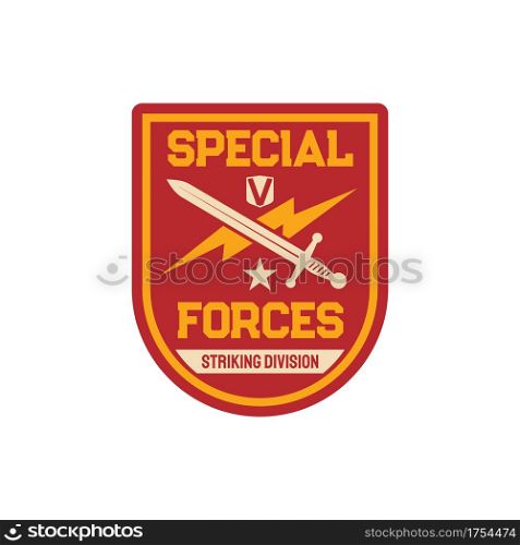 Striking division infantry troops military squad with crossed sword and thunder isolated patch on uniform. Vector military armored trooper badge, special forces elite squadron chevron, army squad. Special forces striking division chevron squadron
