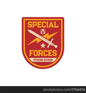 Striking division infantry troops military squad with crossed sword and thunder isolated patch on uniform. Vector military armored trooper badge, special forces elite squadron chevron, army squad. Special forces striking division chevron squadron
