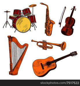 String, brass and percussion musical instruments symbols with sketches of red concert drum set and harp, shining saxophone and trumpet, acoustic guitar and violin. Music entertainment and art theme design. Concert musical instruments colored sketches