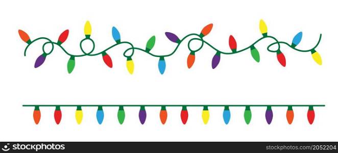 String lights. Party lights. Light effects. Glowing light bulbs lights. Fun celebration for xmas, festive, happy new year, birthday, bday. Vector red yellow green purple violet Orange gold. Garland