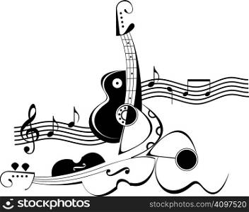 String musical instruments and notes - vector illustration. Black and white decoration, stylized tattoo.