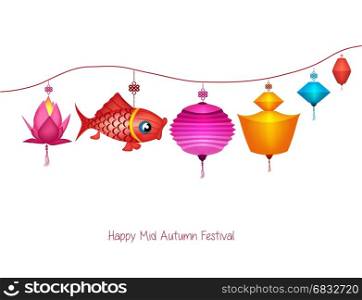 string of bright hanging lantern decorations on white