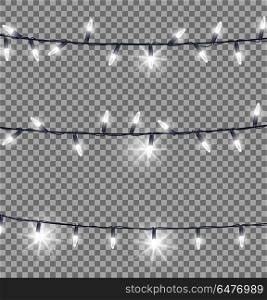 Strings of Glowing Christmas Lights Illustration. Horizontal strings of fairy lights with black wire. Vector illustration of glowing Christmas decoration on seamless black-and-grey square pattern