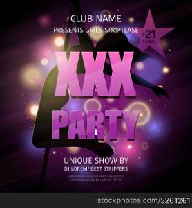 Strip Club Party Poster . Party poster strip xxx adult striptease show with dancing woman body silhouette and editable text announcement vector illustration