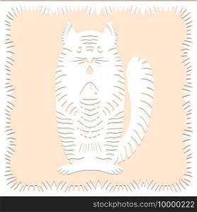 Stripe cat with fish Paper cut decorative silhouette animal in white color isolated on beige background Traditional Belarusian, Polish paper clippings make with scissors. Hand made Vector illustration. Stripe cat with fish Paper cut decorative silhouette animal in white color isolated on beige background Traditional Belarusian, Polish paper clippings make with scissors. Hand made. Vector