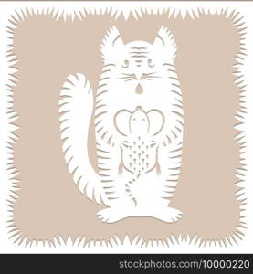 Stripe cat with mouse Paper cut decorative silhouette animal in white color isolated on beige background Traditional Belarusian, Polish paper clippings make with scissors Hand made Vector illustration. Striped cat with mouse Paper cut decorative silhouette animal in white color isolated on beige background Traditional Belarusian, Polish paper clippings make with scissors. Hand made. Vector