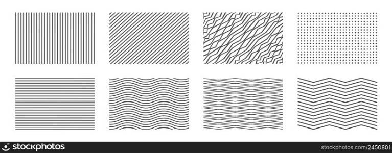 Stripe patterns, straight and broken lines, wavy lines and dots of various sizes. Flat vector illustration isolated on white background.. Stripe patterns set. Flat vector illustration isolated on white