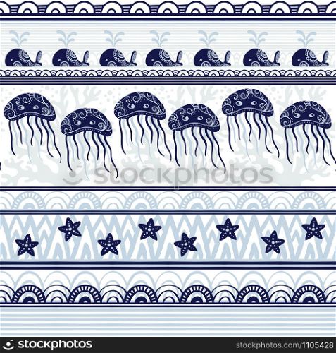 Stripe seamless pattern with sea underwater animals. Cute cartoon whales, starfish and jellyfish. Marine background for kids. Vector illustration. Perfect for textile print, cloth design and fabric. Stripe seamless pattern with sea underwater animals