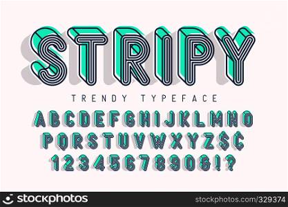 Striped 3d display font popart design, alphabet, letters and numbers. Swatch color control. Striped 3d display font popart design, alphabet, letters