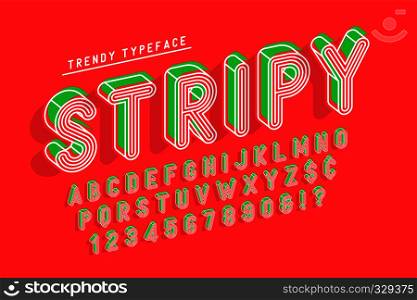 Striped 3d display font popart design, alphabet, letters and numbers. Swatch color control. Striped 3d display font popart design, alphabet, letters and num