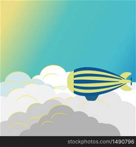 Striped airship over fluffy light clouds