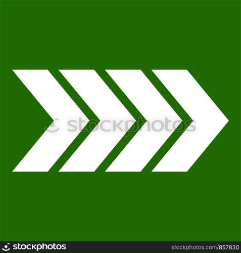 Striped arrow icon white isolated on green background. Vector illustration. Striped arrow icon green