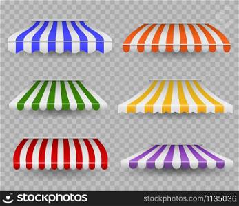 Striped awnings. Colorful outdoor canopy for shop, restaurants and market store window of different forms, vintage striped vector sunshades and storefront tent in grocery. Striped awnings. Colorful outdoor canopy for shop, restaurants and market store window of different forms, vintage striped vector sunshades