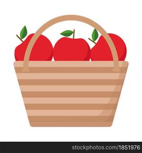 Striped basket with red apples, vector illustration. Fruit container. Shopping for food. Isolated object, bag with harvested apples.. Striped basket with red apples, vector illustration.