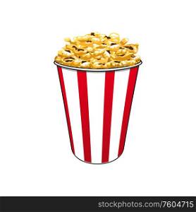 Striped bucket of popcorn isolated fast food snack. Vector container with baked corn seeds, salted pop-corn. Fastfood snack isolated popcorn bucket, movie food