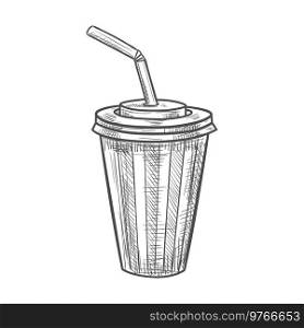Striped cup of cola or soda isolated takeaway drink. Vector stripped glass of fizzy coca. Cola drink, paper plastic disposable cup with lid