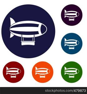 Striped dirigible icons set in flat circle red, blue and green color for web. Striped dirigible icons set