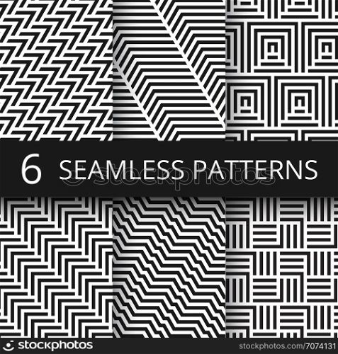 Striped geometric vector seamless patterns set. Kinetic art endless wallpapers. Illustration of geometric monochrome texture collection. Striped geometric vector seamless patterns set. Kinetic art endless wallpapers