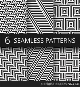 Striped geometric vector seamless patterns set. Kinetic art endless wallpapers. Illustration of geometric monochrome texture collection. Striped geometric vector seamless patterns set. Kinetic art endless wallpapers