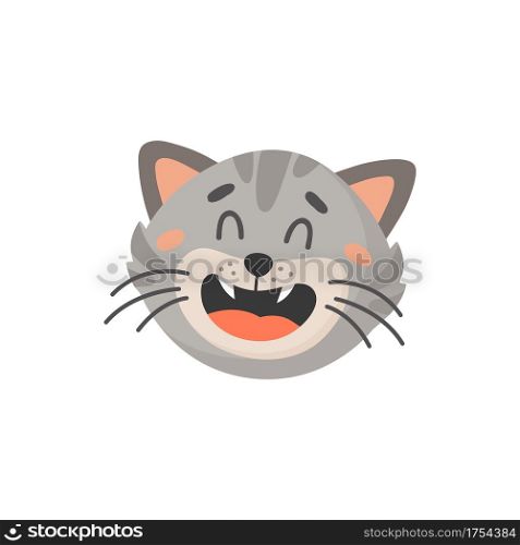 Striped gray cat with open mouth and whiskers isolated cartoon kitten head. Vector cute tabby face, emoticon of laugh. Feline emoji, adorable home pet facial expression, crazy cat animal avatar. Laughing kitten head isolated cat emoji muzzle