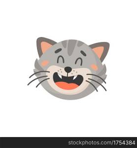 Striped gray cat with open mouth and whiskers isolated cartoon kitten head. Vector cute tabby face, emoticon of laugh. Feline emoji, adorable home pet facial expression, crazy cat animal avatar. Laughing kitten head isolated cat emoji muzzle