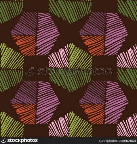 Striped hexagons on brown.Hand drawn with ink seamless background.Creative hand made brushed design.Hand sketched geometric reaping design for fashion textile fabric.