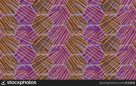 Striped hexagons purple orange brown.Hand drawn with ink seamless background.Creative hand made brushed design.Hand sketched geometric reaping design for fashion textile fabric.