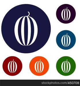 Striped melon icons set in flat circle reb, blue and green color for web. Striped melon icons set