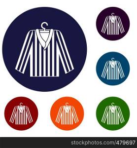 Striped pajama shirt icons set in flat circle red, blue and green color for web. Striped pajama shirt icons set