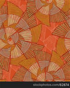 Striped pinwheels big orange.Hand drawn with ink seamless background. Creative handmade repainting design for fabric or textile. Geometric pattern with striped circular shapes. Vintage retro colors.