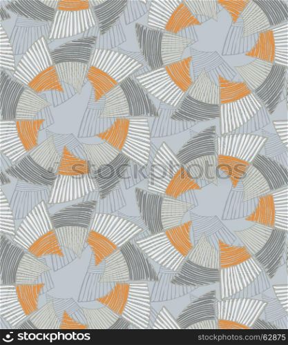 Striped pinwheels gray with orange.Hand drawn with ink seamless background. Creative handmade repainting design for fabric or textile. Geometric pattern with striped circular shapes. Vintage retro colors.
