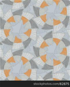 Striped pinwheels gray with orange.Hand drawn with ink seamless background. Creative handmade repainting design for fabric or textile. Geometric pattern with striped circular shapes. Vintage retro colors.