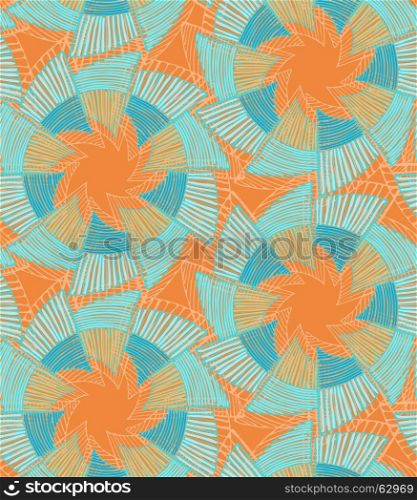 Striped pinwheels orange and blue.Hand drawn with ink seamless background. Creative handmade repainting design for fabric or textile. Geometric pattern with striped circular shapes. Vintage retro colors.