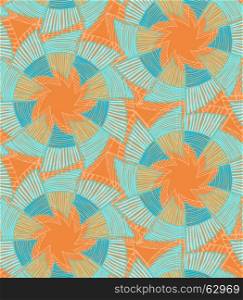Striped pinwheels orange and blue.Hand drawn with ink seamless background. Creative handmade repainting design for fabric or textile. Geometric pattern with striped circular shapes. Vintage retro colors.