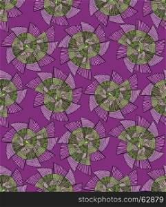 Striped pinwheels purple and green.Hand drawn with ink seamless background. Creative handmade repainting design for fabric or textile. Geometric pattern with striped circular shapes. Vintage retro colors.