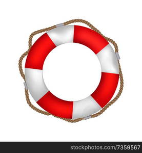 Striped red and white lifebuoy with rope around. Equipment for safety in water. Standard inflatable ring, lifeguard tool isolated vector illustration.. Striped Red and White Lifebuoy with Rope Around