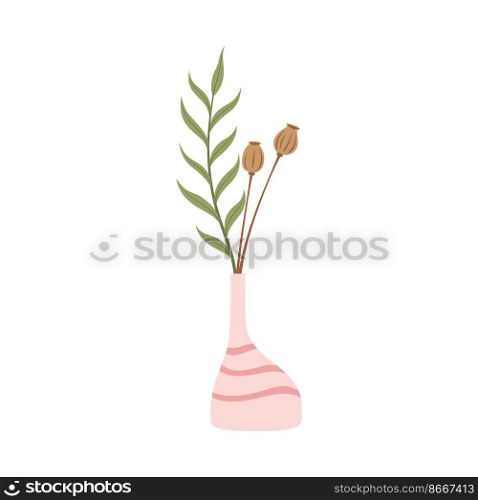 Striped scandinavian vase with summer or spring flowers, interior design element. Vector herbal plants in jug, bouquet of natural plants. Scandinavian striped vase, flowers for interior